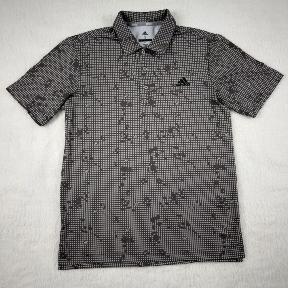 Adidas Golf Mens Small Grey Grid Print Short Sleeve Performance Polo Shirt